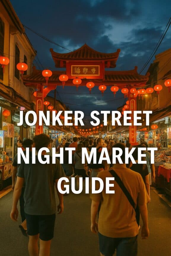 Vibrant Jonker Street night market in Malaysia decorated with traditional red lanterns, crowded with enthusiastic visitors exploring local stalls, vibrant food, and cultural experiences at dusk.