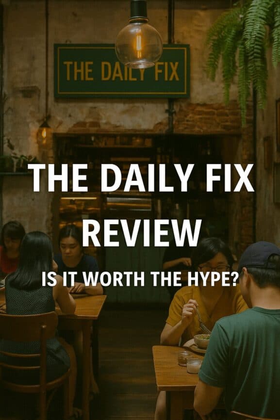 Cozy cafe interior with people dining, "The Daily Fix" sign, warm lighting, rustic brick walls, and lush greenery - perfect for breakfast and casual visits.