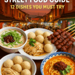 Spicy street food dishes from Malacca including satay skewers, chicken rice balls, fish ball soup, and flavorful noodles on open-air night market background, highlighting popular Malaysian street cuisine.