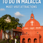 Colorful Malacca Christ Church with blue sky background in Malaysia, popular tourist attraction and historical landmark, featuring colonial architecture.