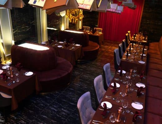 Luxurious restaurant interior with plush seating, beautifully arranged tables, and ambient lighting for an upscale dining experience, ideal for romantic dinners, celebrations, or business meals.