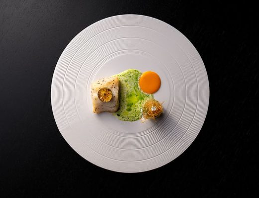 Fine dining seafood presentation with vibrant sauces, gourmet plating, and artistic culinary design.