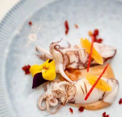Fresh seafood octopus prepared with colorful garnishes, edible flowers, and citrus slices for an elegant presentation. Perfect for gourmet dining and seafood lovers.