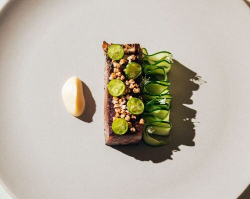 纯素甜菜根挞配黄瓜螺旋和绿色酱汁，采用新鲜食材和艺术摆盘，是注重健康的饮食的完美选择。.