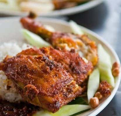 A delicious, flavorful spicy chicken curry served with rice and fresh vegetables on a white plate. Perfect for a hearty, savory meal with rich spices and tender chicken pieces.